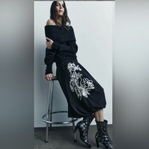 Zara Black A-Line Bubble Skirt with White Embroidered Graphic